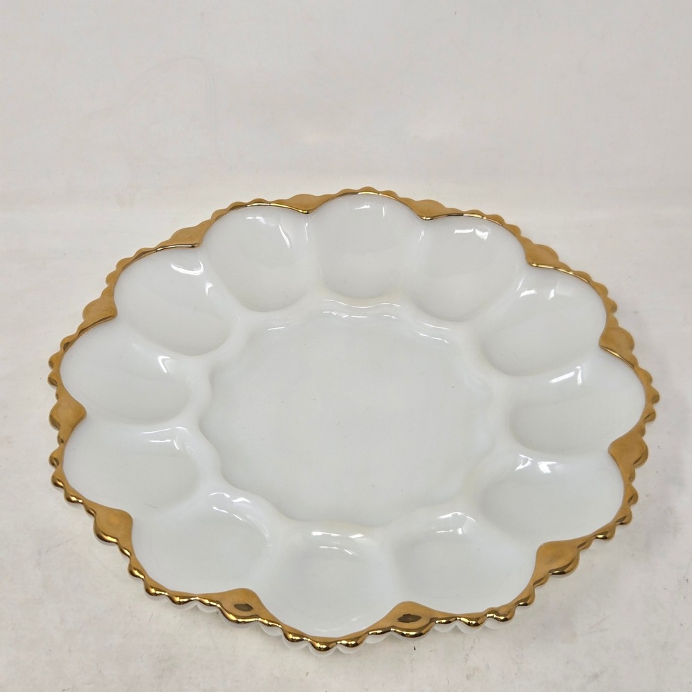Fire-King Milk Glass Deviled Egg Plate Gold Trim Scalloped Serving‎ Platter 10"